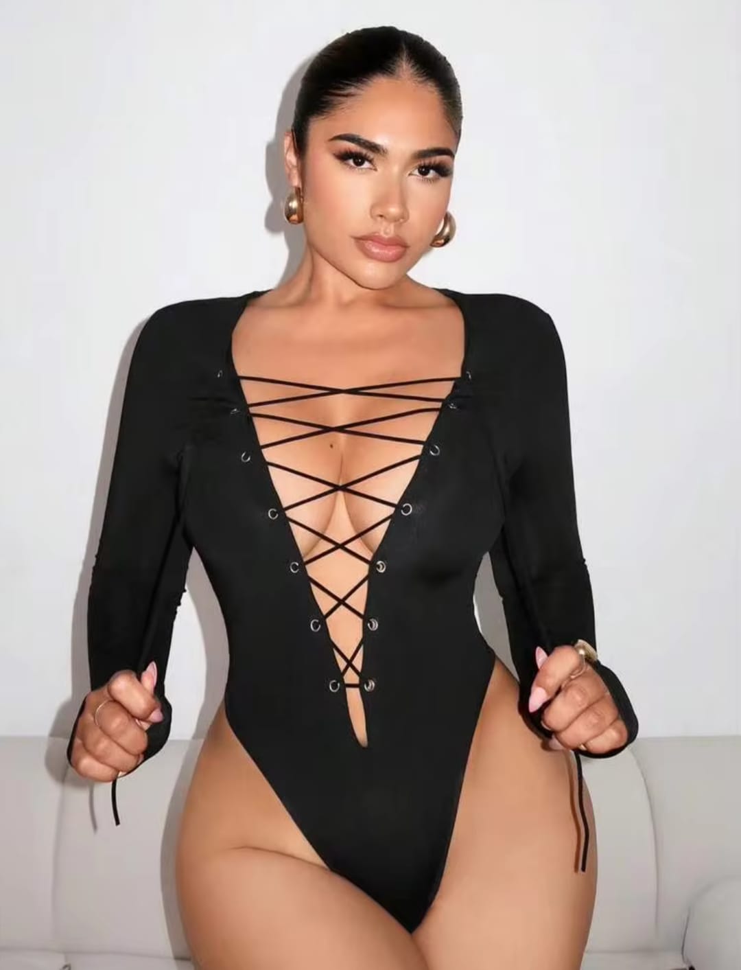 Women’s Black Lace-Up Long Sleeve Bodysuit – Deep V-Neck Stylish High-Cut Fashion Bodysuit
